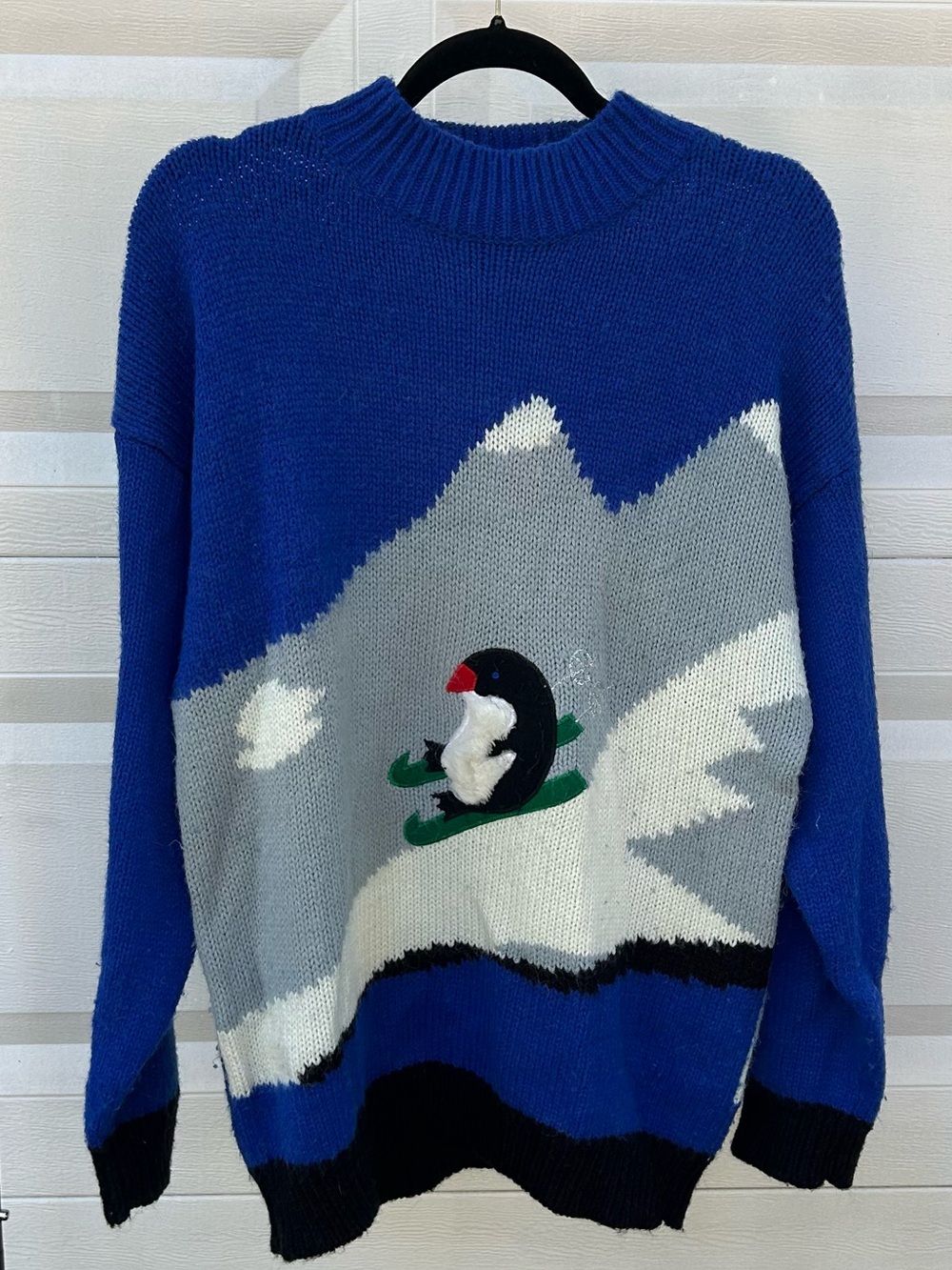 80s skiing penguin knit sweater